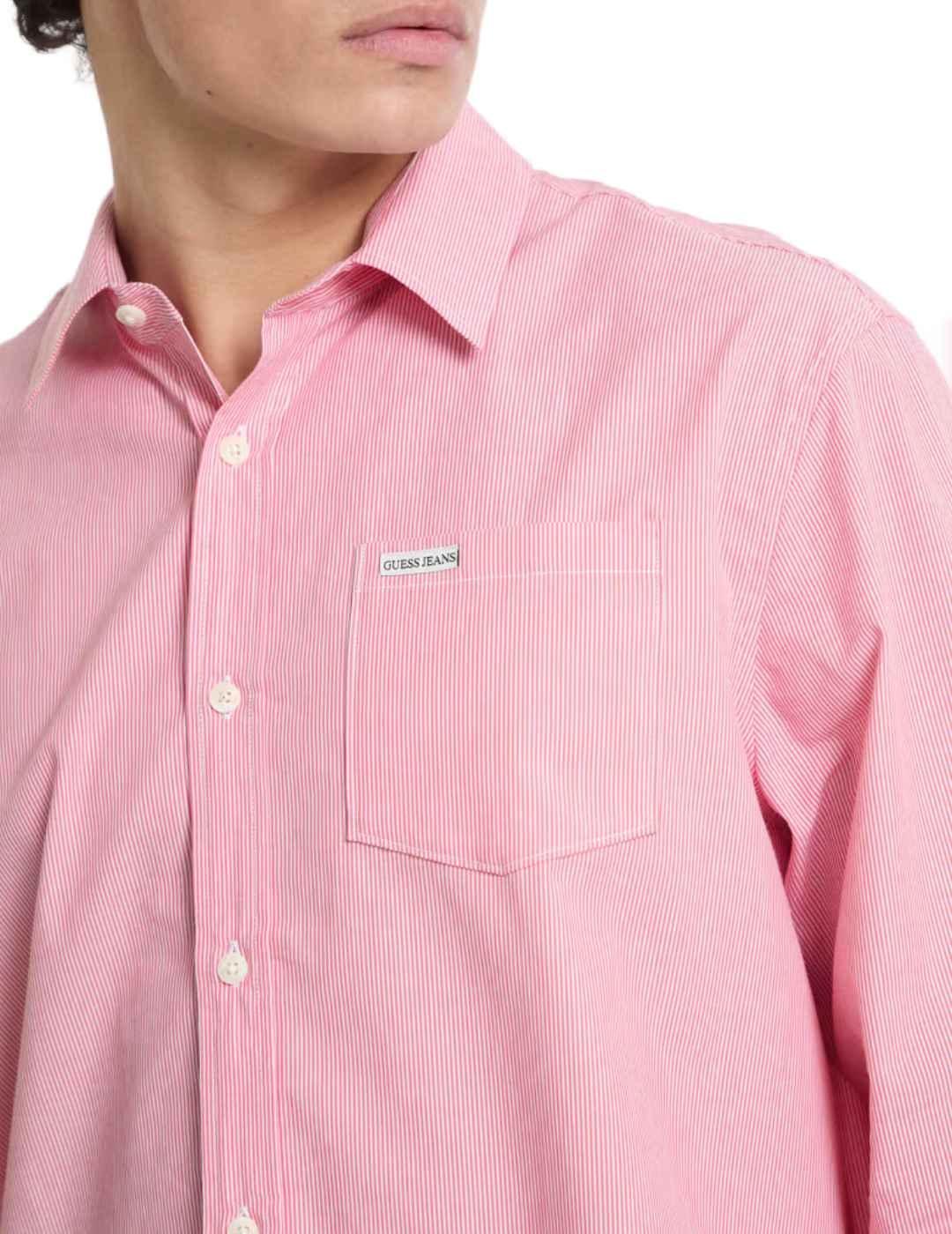 Camisa Guess Reg pocket rosa rayas blancas para hombre