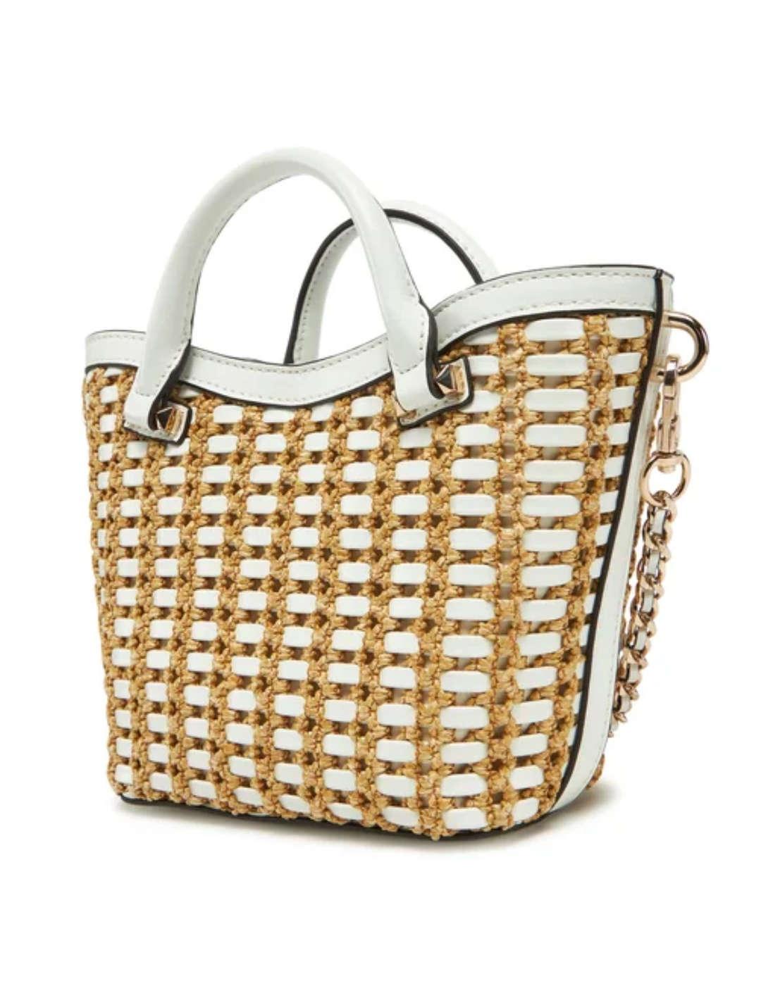 Bolso Guess Atalia Mini tote rafia crudo y blanco para mujer