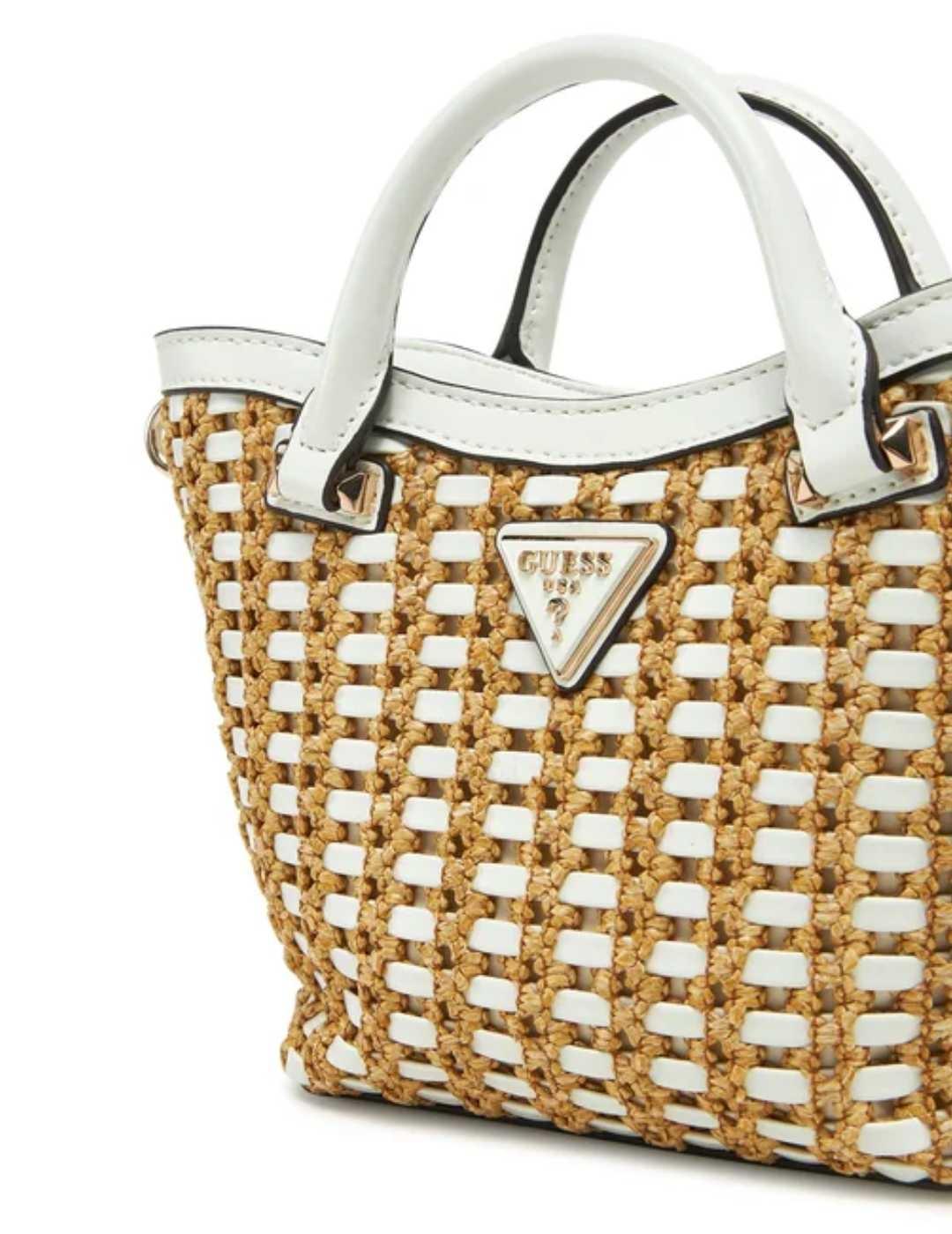 Bolso Guess Atalia Mini tote rafia crudo y blanco para mujer