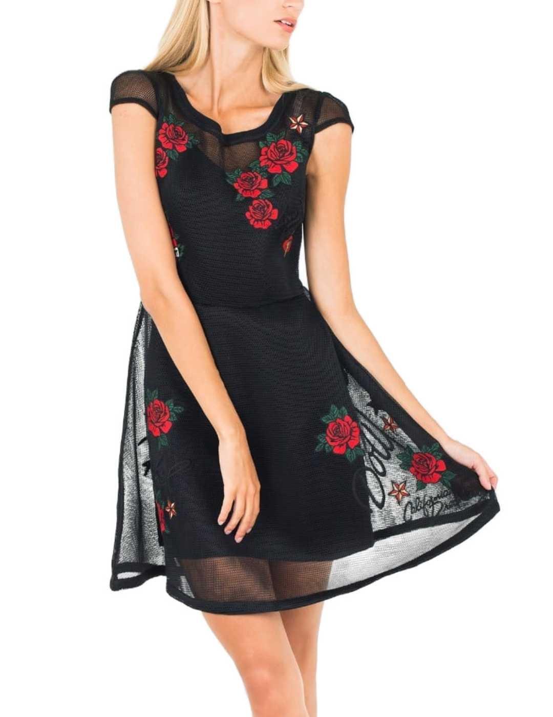 Vestido Guess negro flores bordadas  de mujer