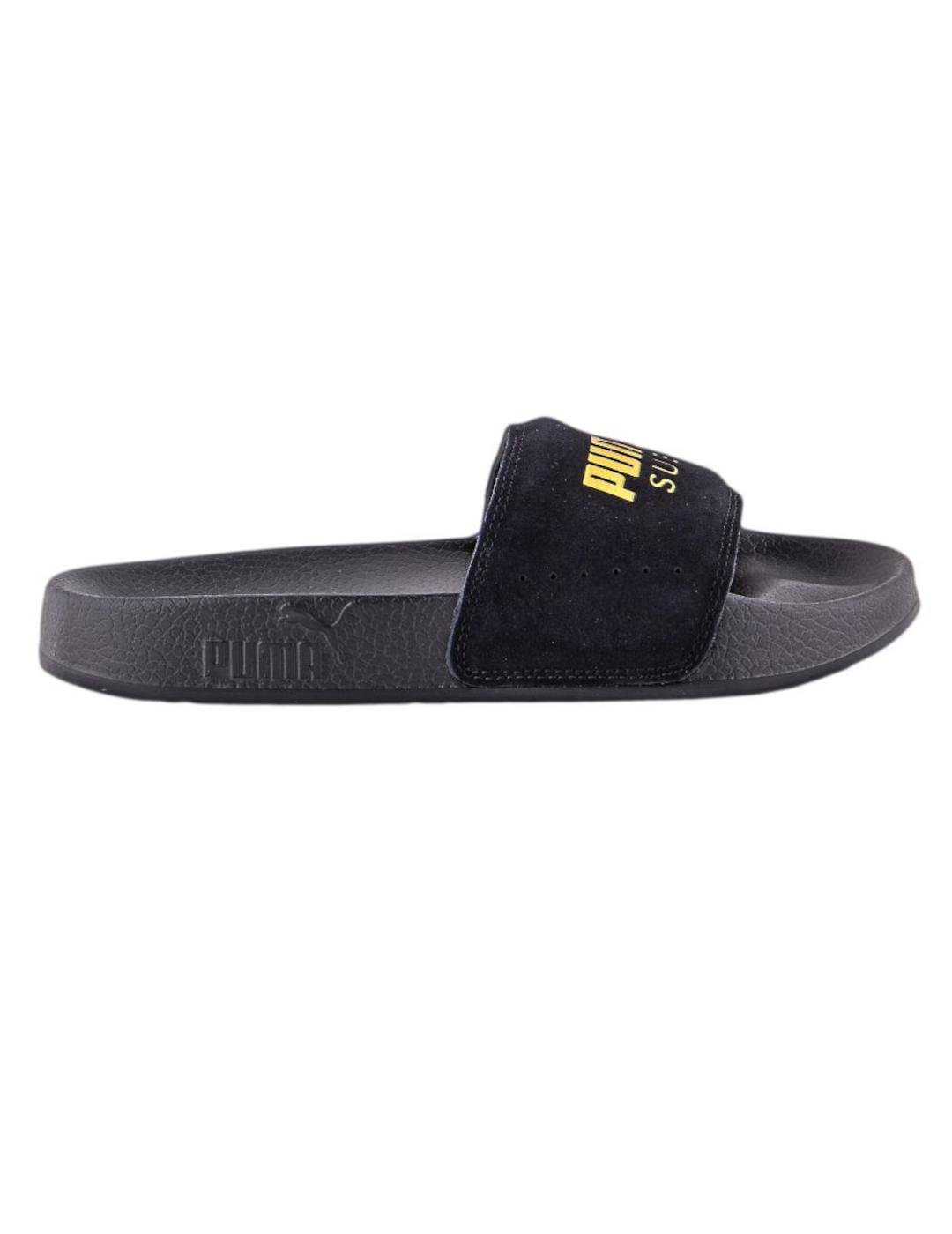 Chanclas Puma Leadcat Suede negras logo dorado unisex