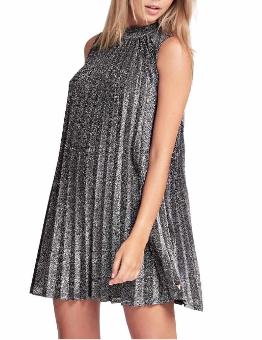 Vestido corto Guess Diva gris brillo plisado para mujer