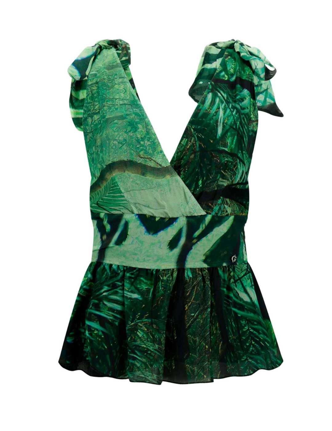 Top Guess Rozan seda estampado hojas verde para mujer