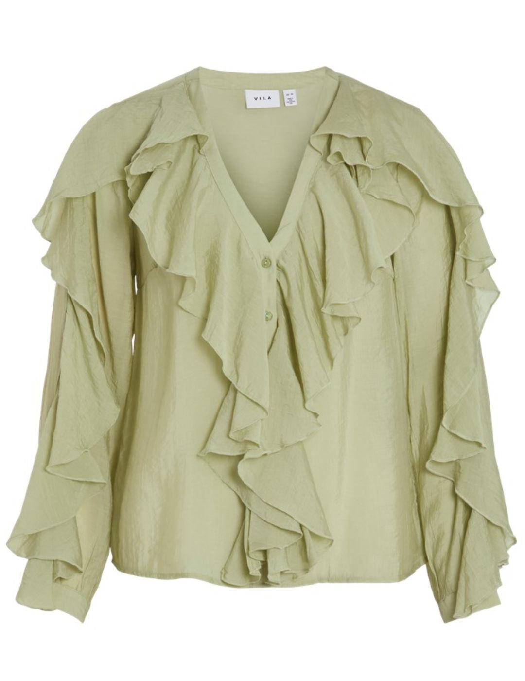 Blusa Vila Nabia verde volantes cuello pico para mujer