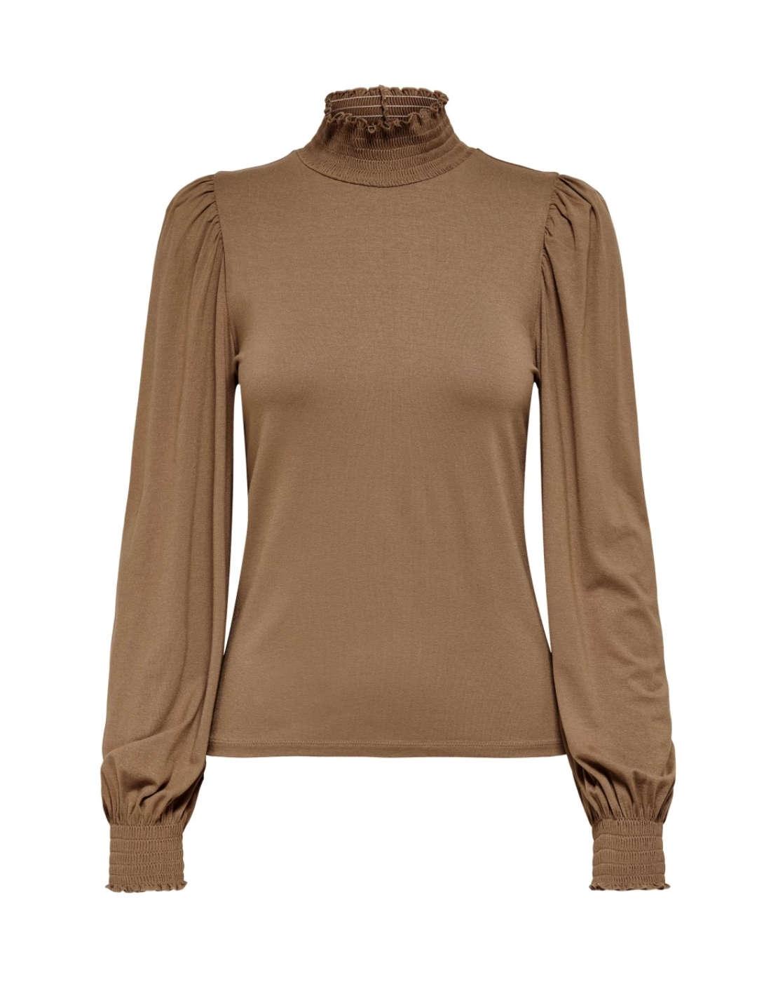 Camiseta Only Elva marrón cuello alto manga larga para mujer