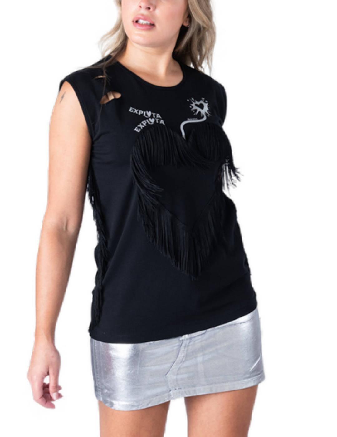 Camiseta Animosa Explota negra corazón manga sisa para mujer