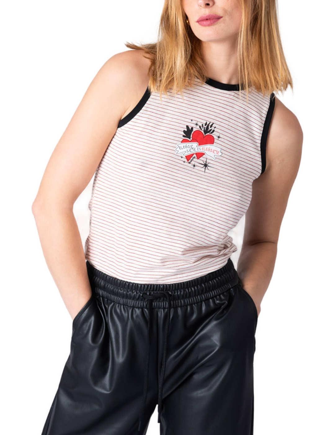 Camiseta Animosa Elegirte beige rayas manga sisa para mujer