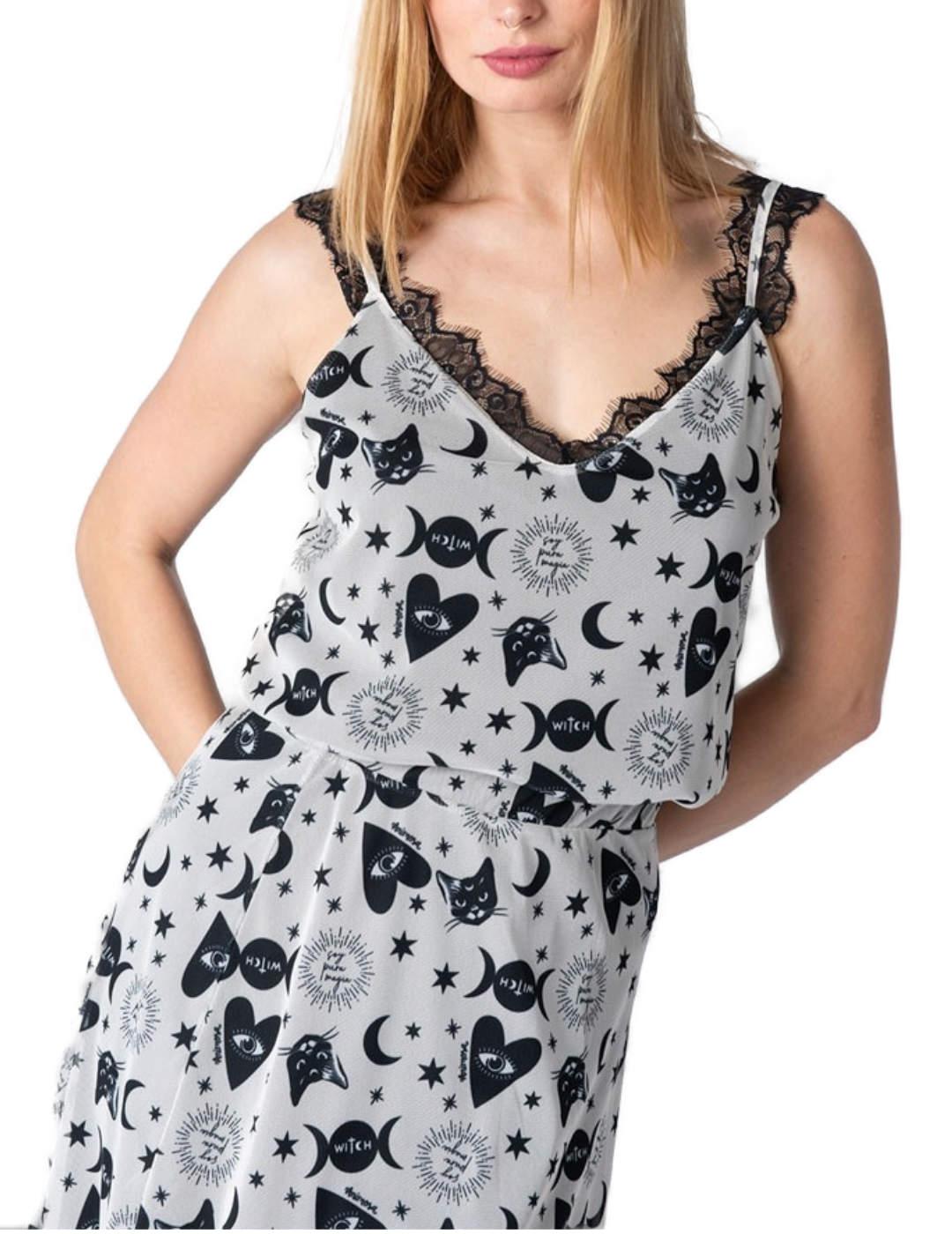 Camiseta Animosa Witch beige estampado tirantes para mujer