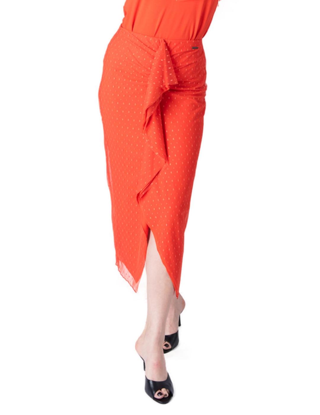 Falda midi Animosa Plumeti coral lunares para mujer