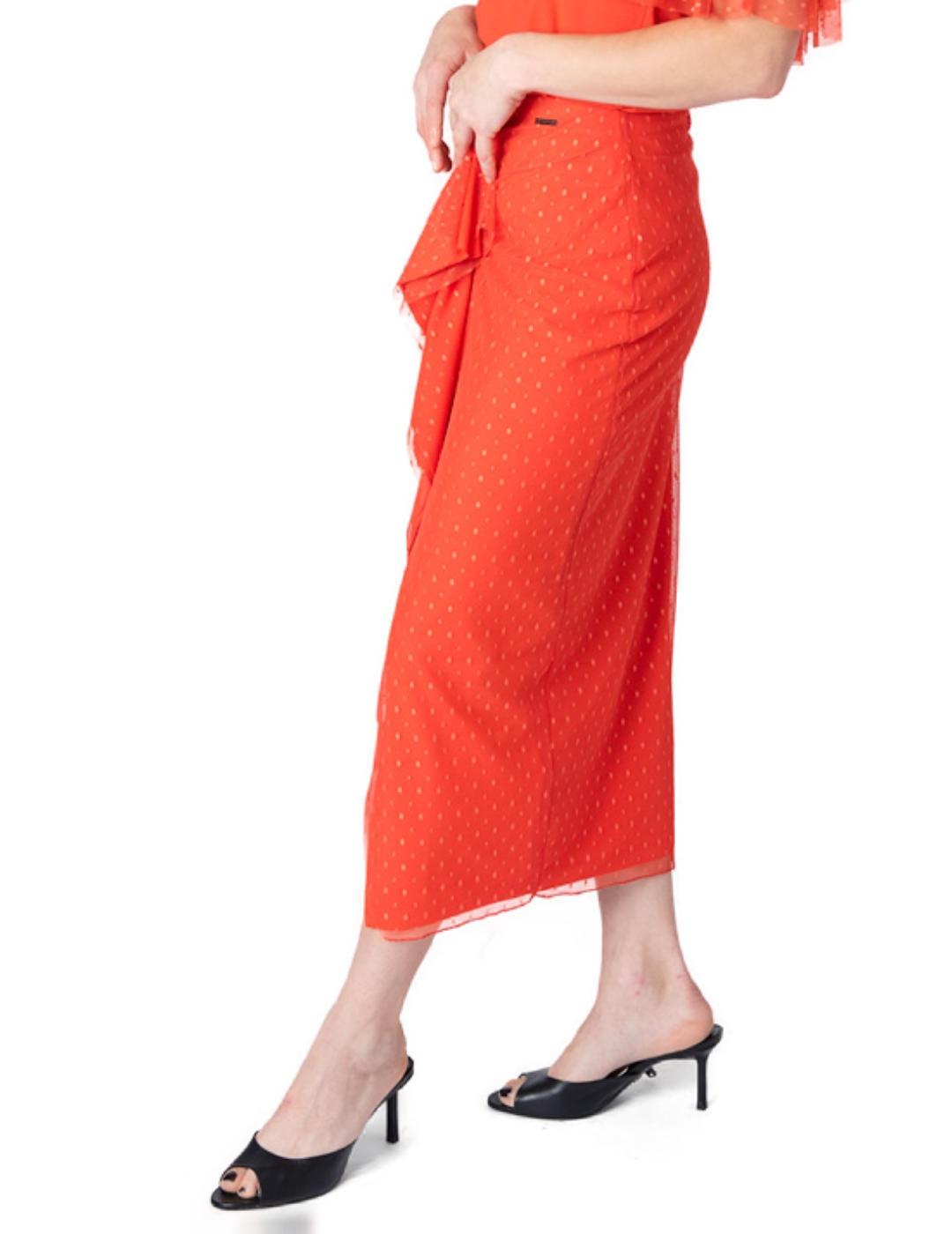 Falda midi Animosa Plumeti coral lunares para mujer