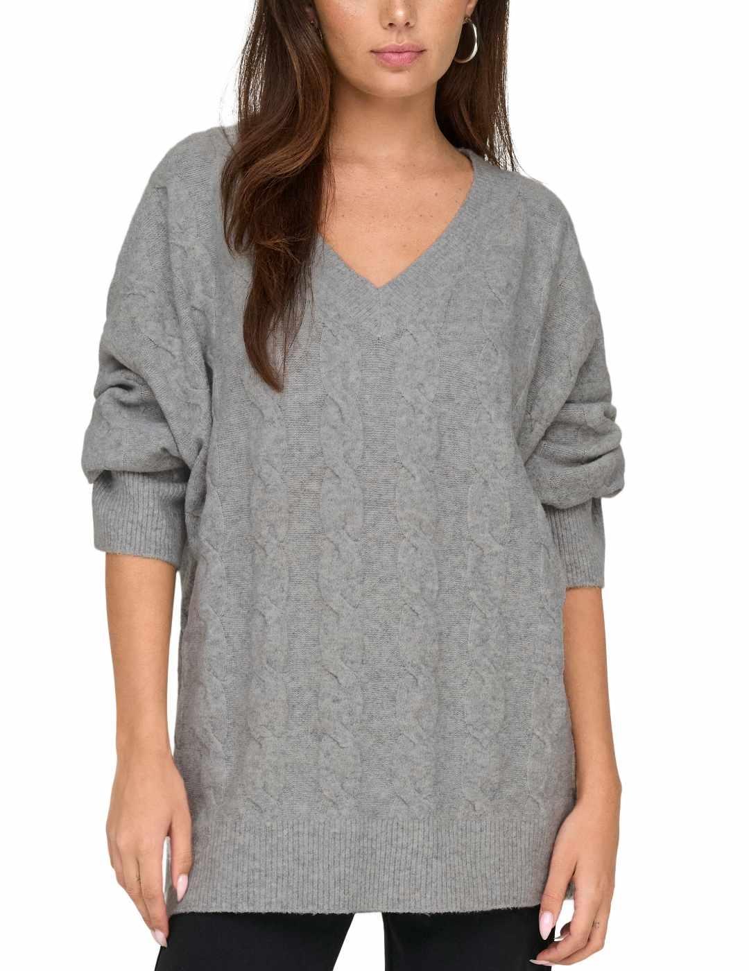 Jersey Only Jeanett gris claro cuello pico de punto mujer