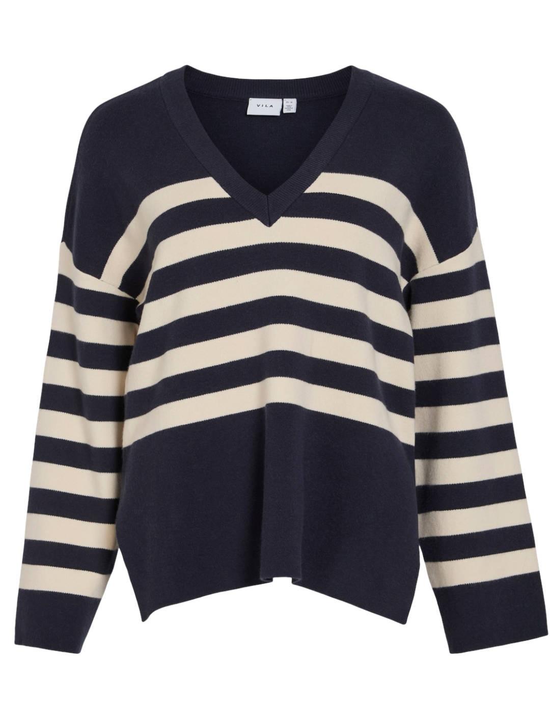 Jersey Vila Livinja azul marino rayas cuello pico para mujer