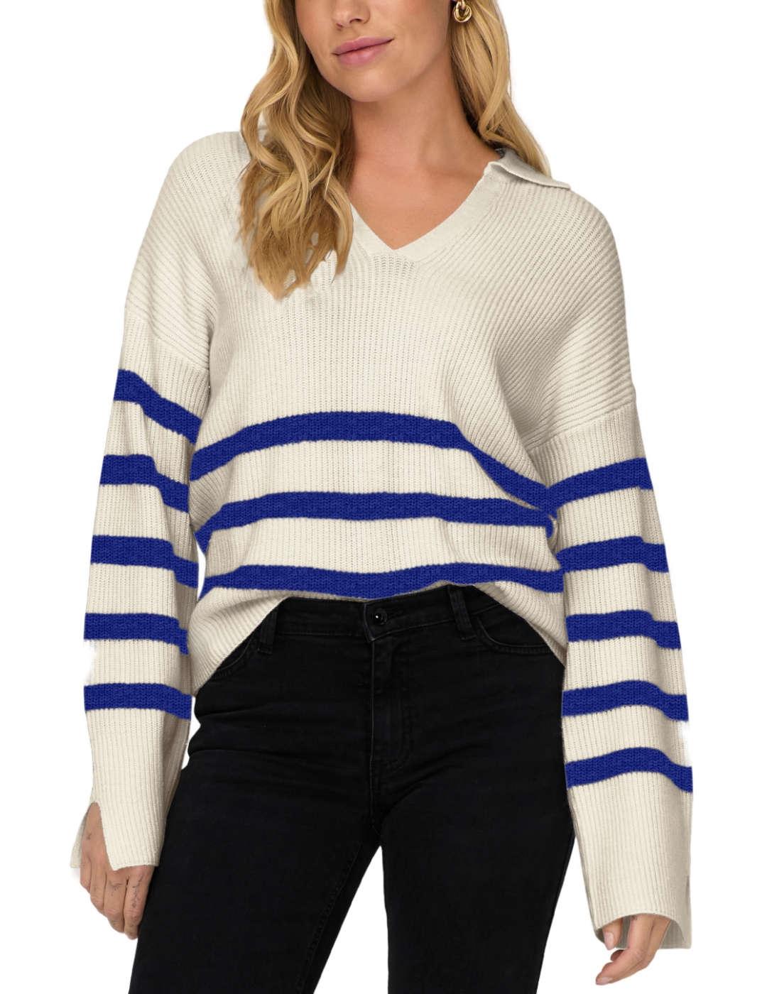 Jersey Only Monna beige raya azul cuello pico para mujer