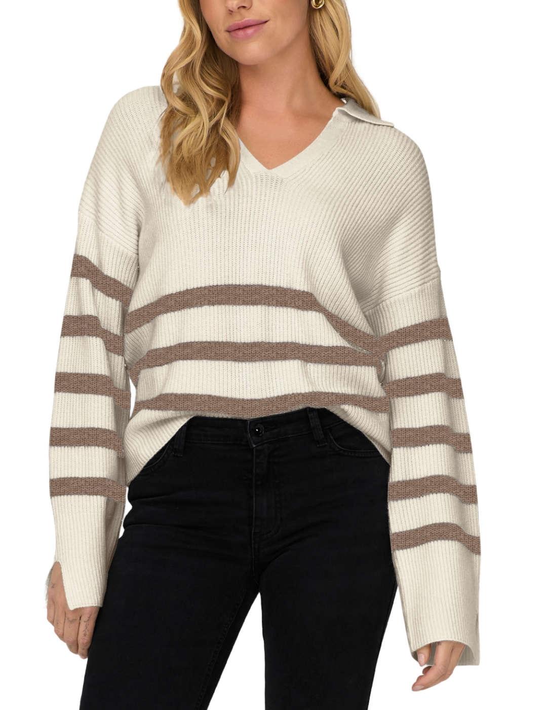 Jersey Only Monna beige raya marrón cuello pico para mujer