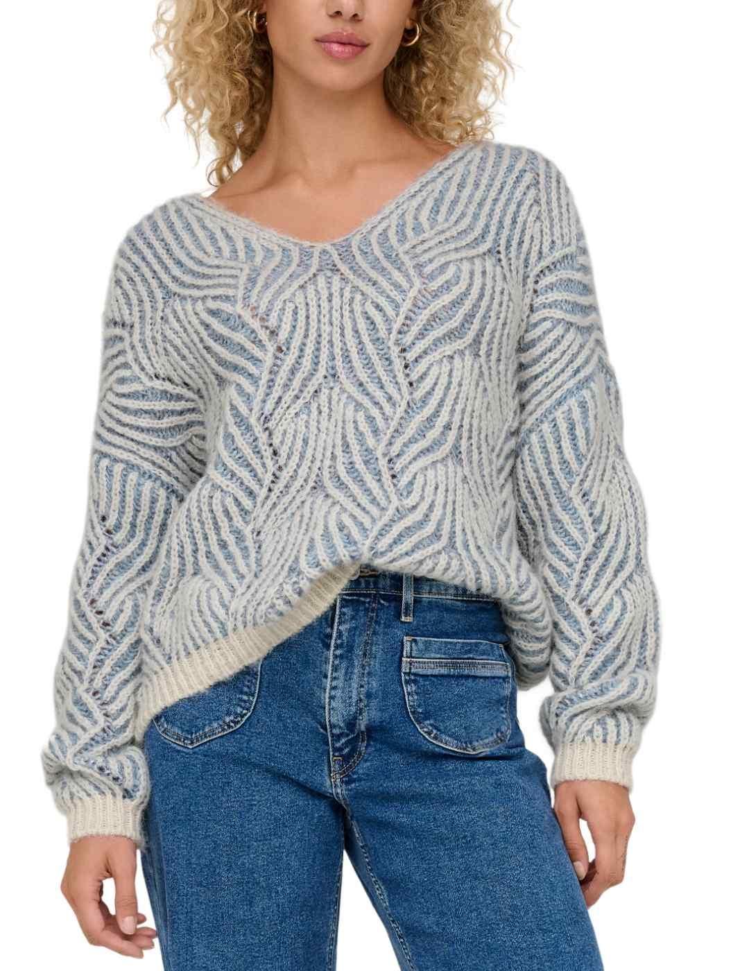Jersey Only Lelin beige y celeste cuello pico de punto mujer