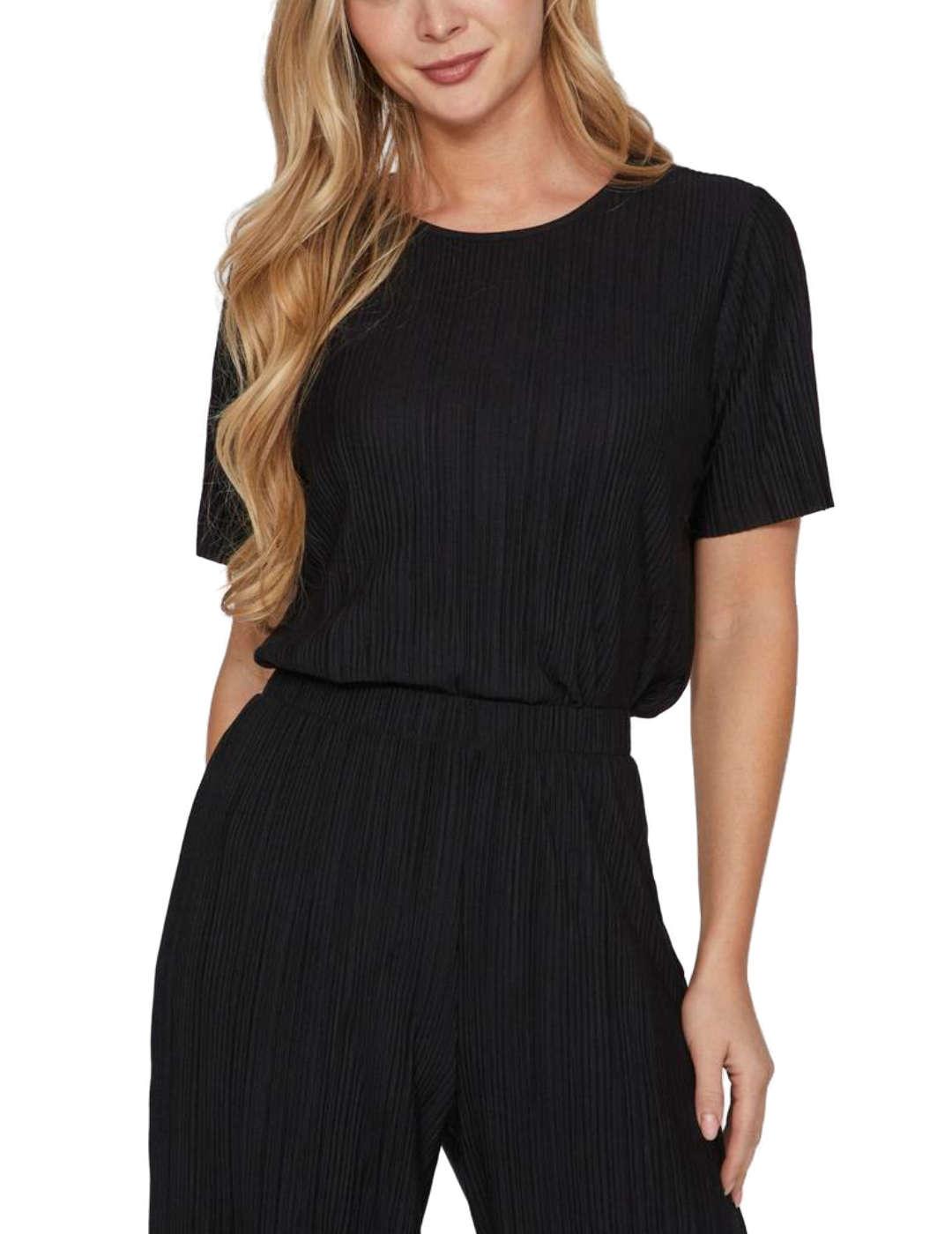 Camiseta Vila Plisa negra manga corta para mujer