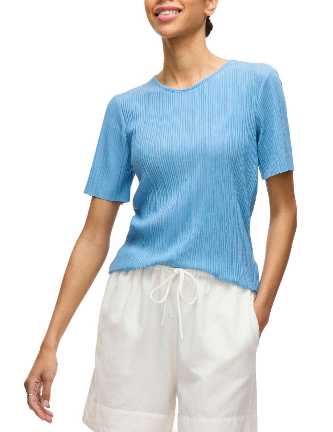 Camiseta básica Vila Plisa azul claro manga corta para mujer