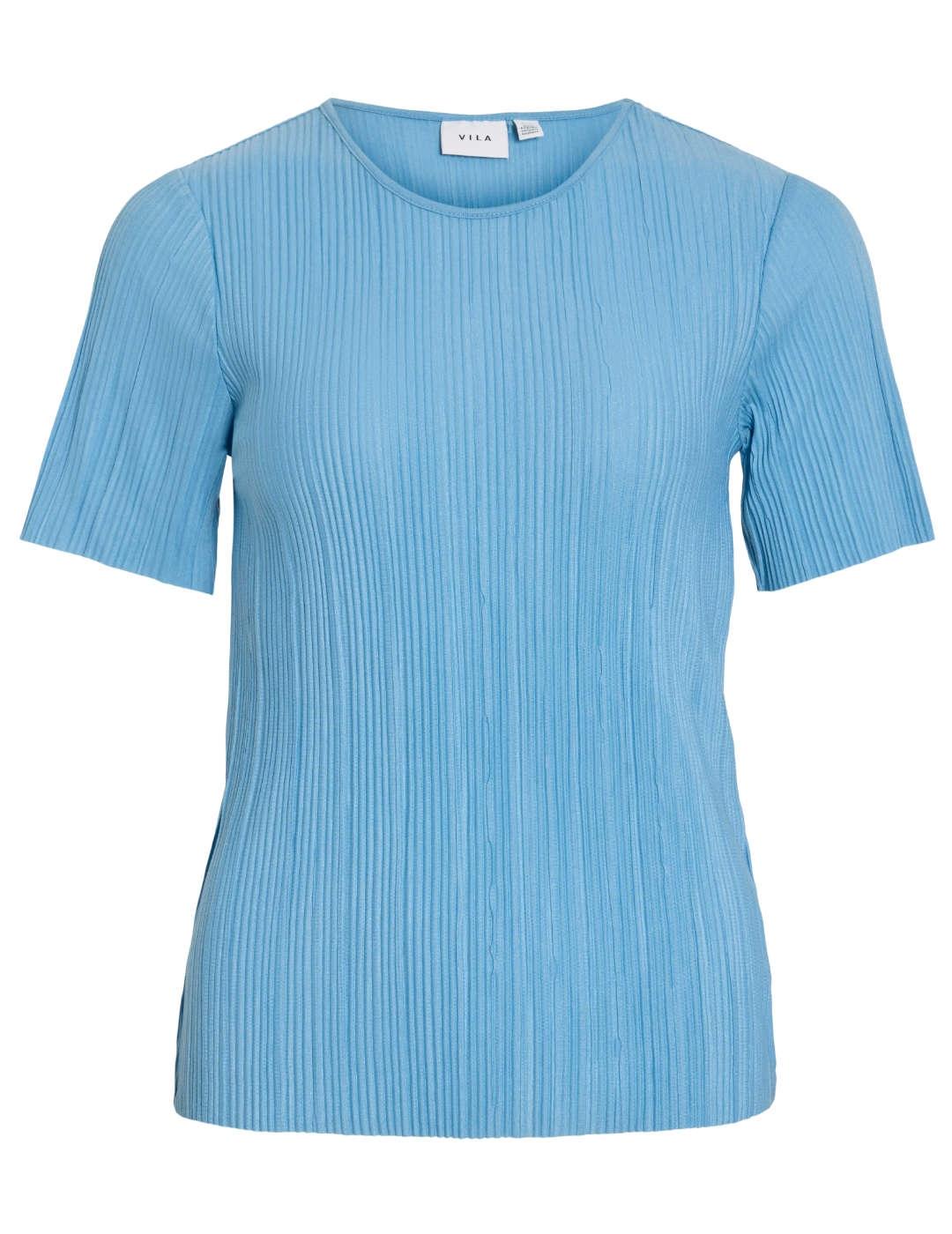 Camiseta básica Vila Plisa azul claro manga corta para mujer