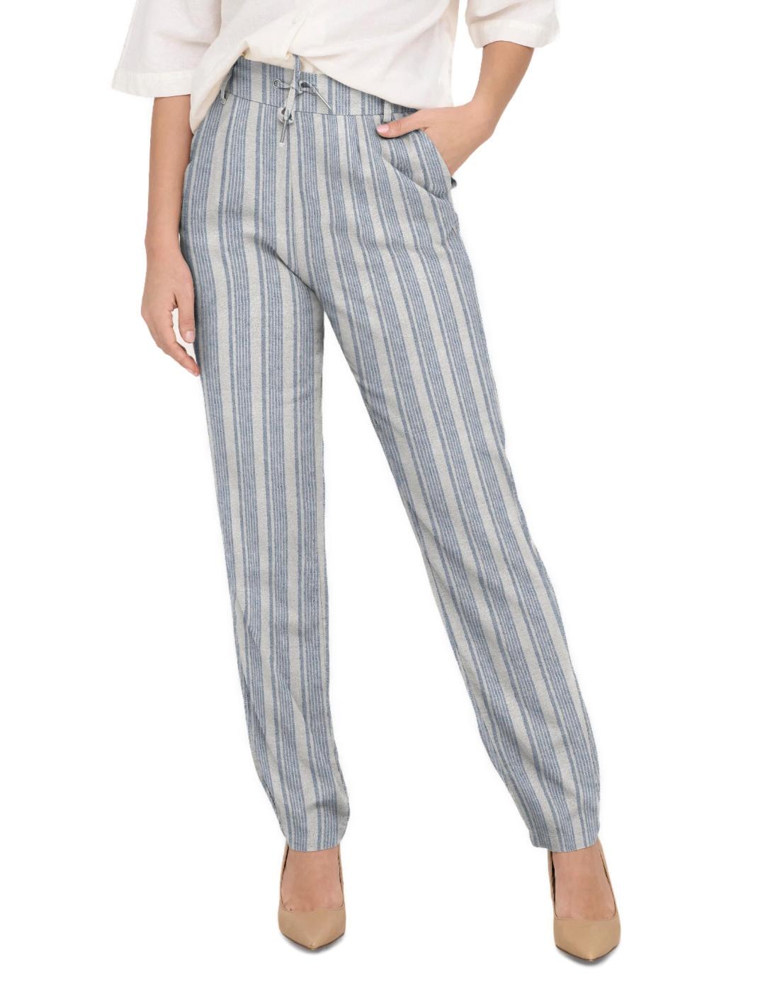 Pantalón Only Caro azul y blanco rayas de lino para mujer