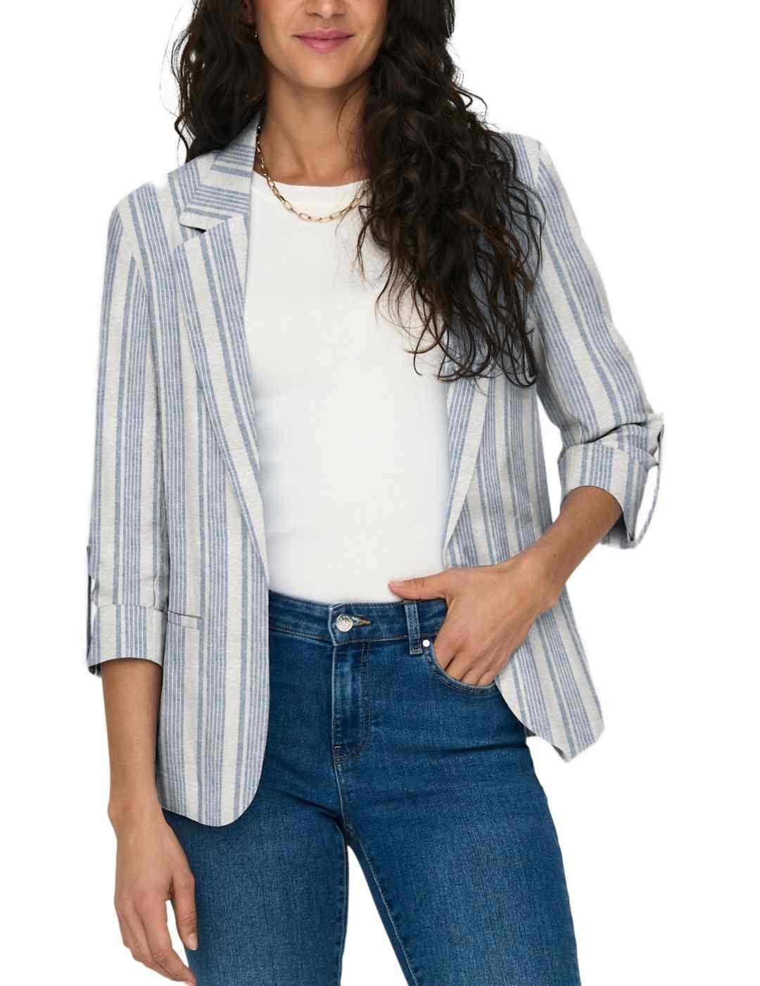 Blazer Only Caro 3/4 blanco azul rayas lino para mujer