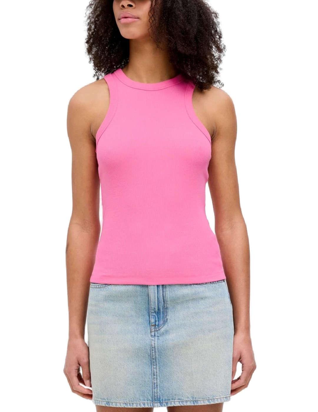 Camiseta JJXX Forest rosa chicle de canalé para mujer