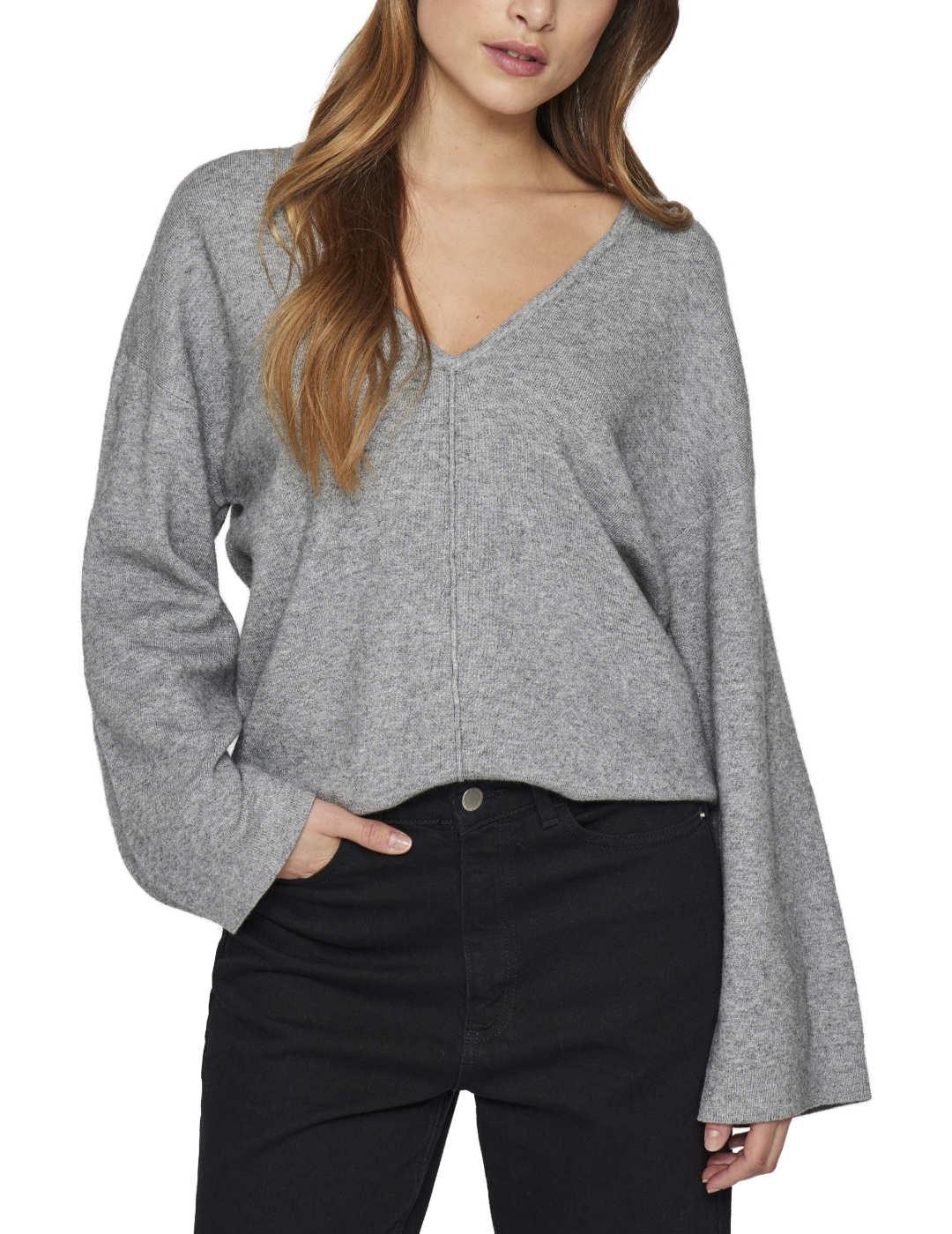 Jersey Vila Molia gris cuello pico de punto para mujer