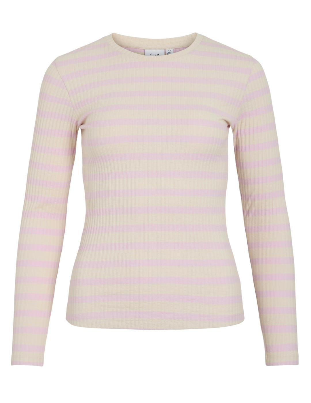 Camiseta Vila Amelie beige raya lila manga larga para mujer