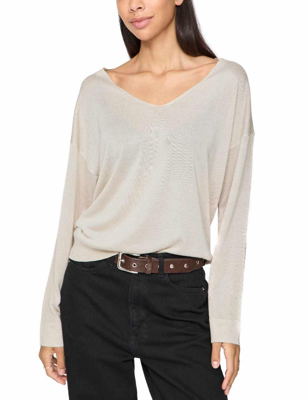 Jersey Vila Novy cuello pico beige brillante para mujer