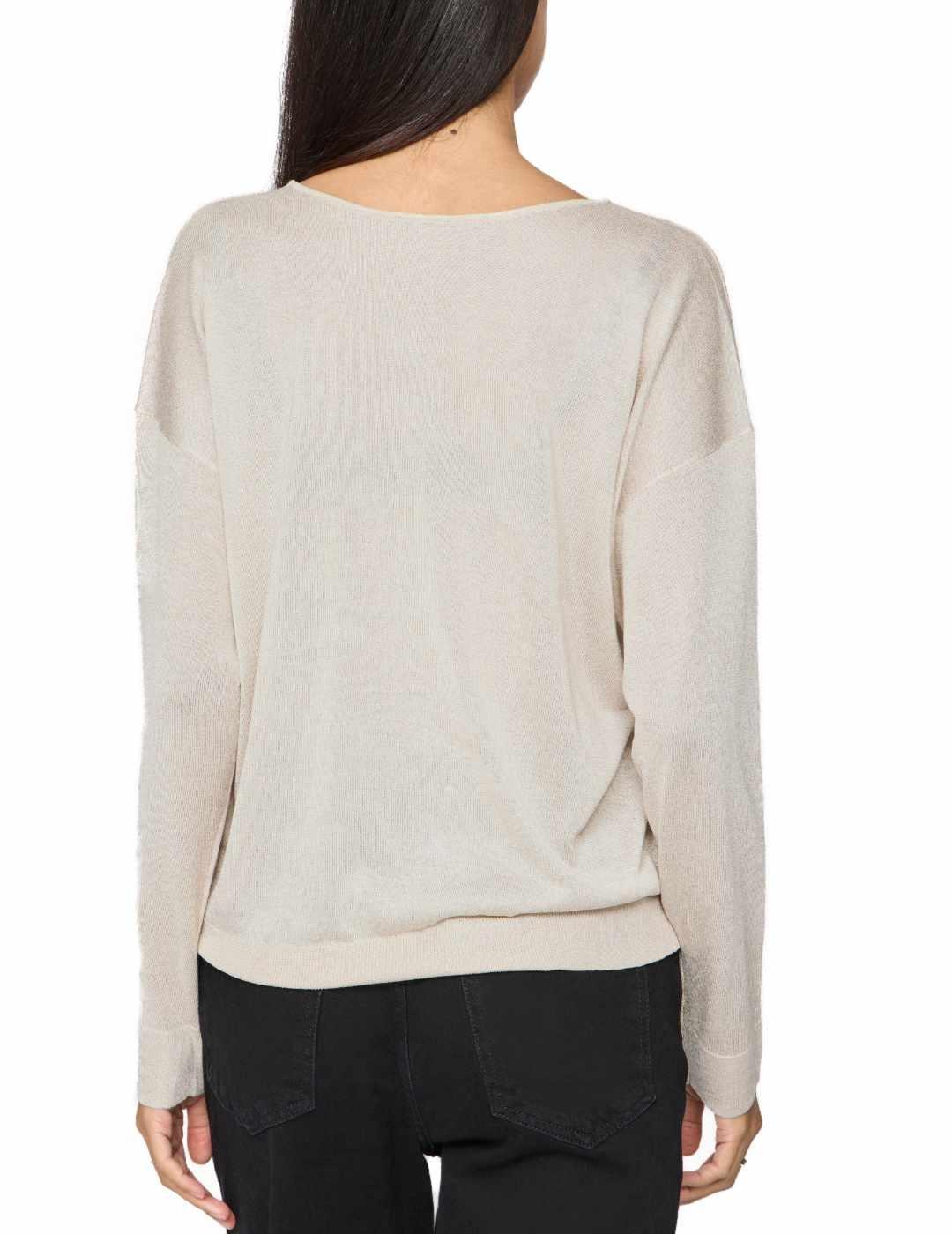 Jersey Vila Novy cuello pico beige brillante para mujer