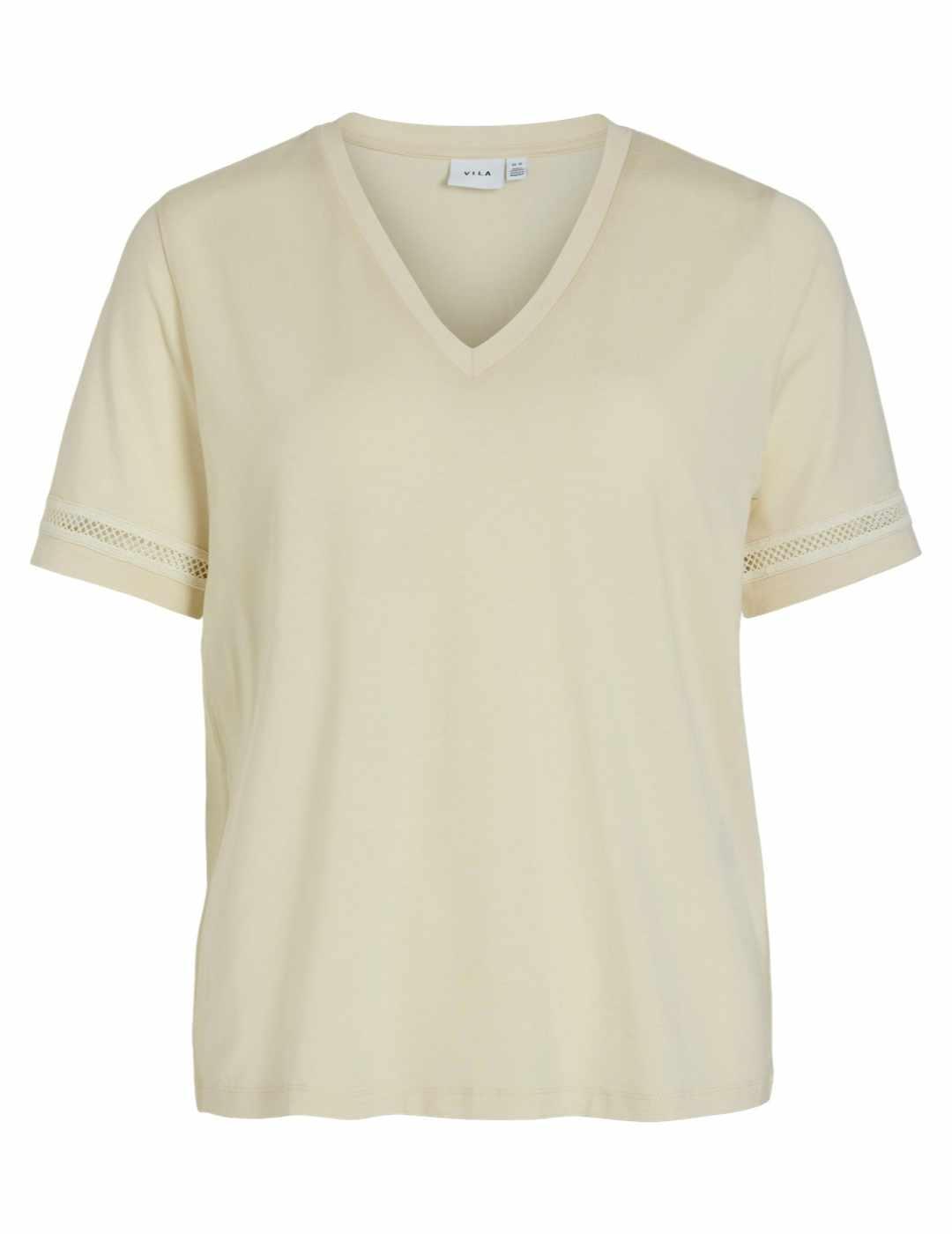 Camiseta Vila Marlis beige manga corta cuello pico de mujer
