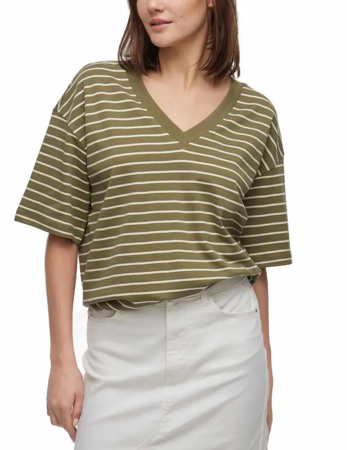 Camiseta Vila Sinny verde raya beige manga corta para mujer