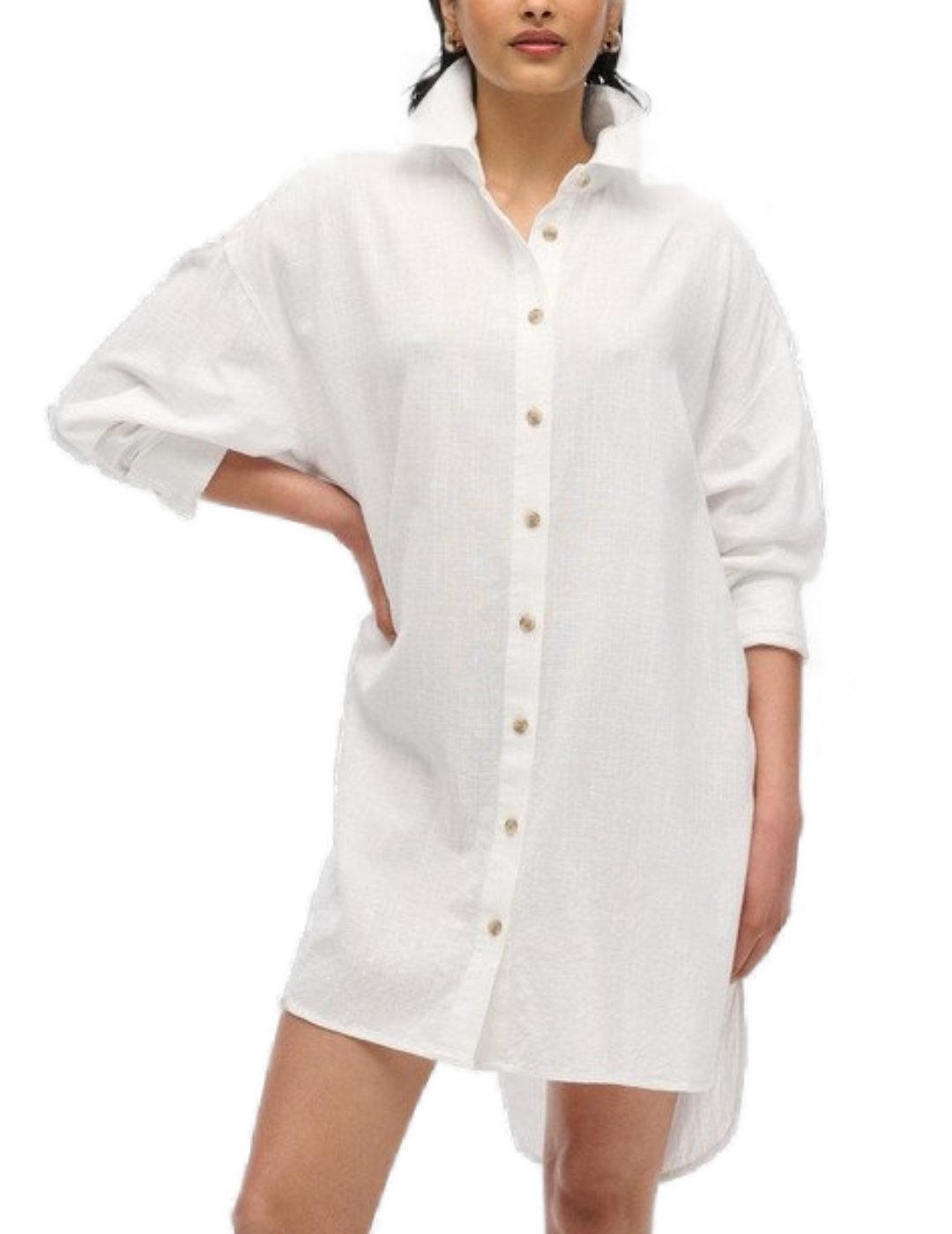 Camisa Superdry lino larga Ibiza blanca overzie para mujer