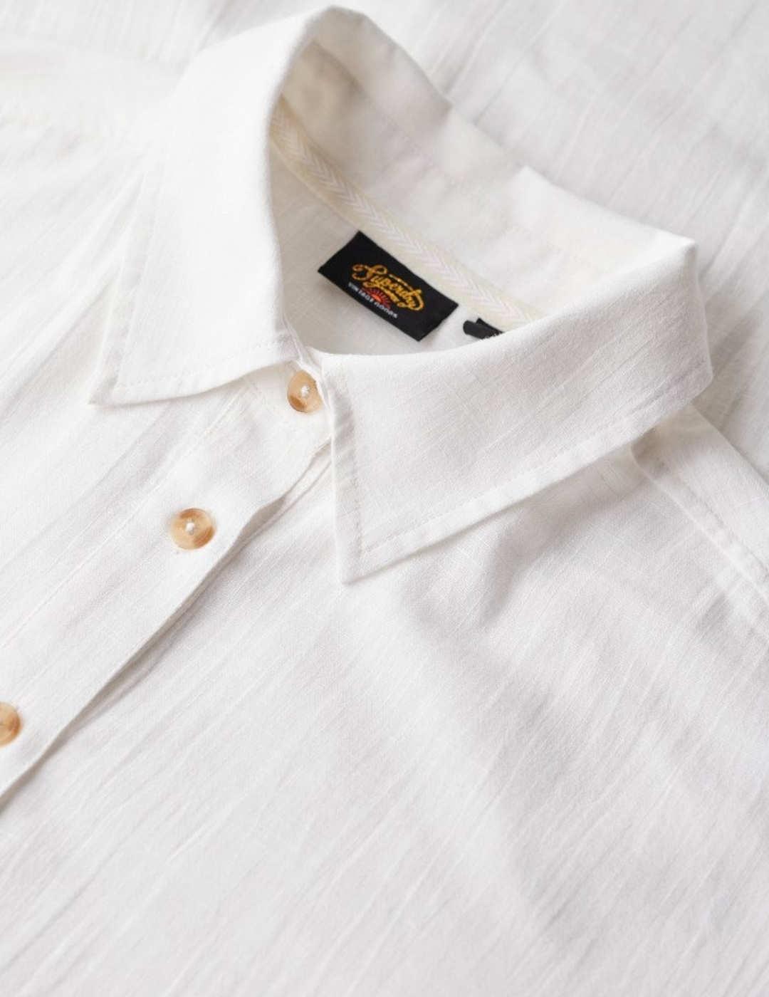 Camisa Superdry lino larga Ibiza blanca overzie para mujer