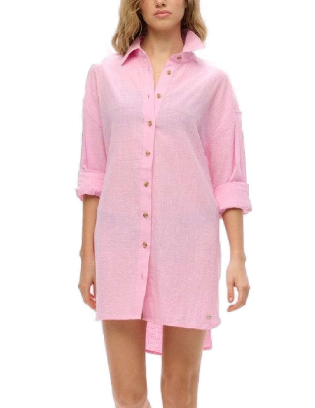 Camisa Superdry lino larga Ibiza rosa oversize para mujer