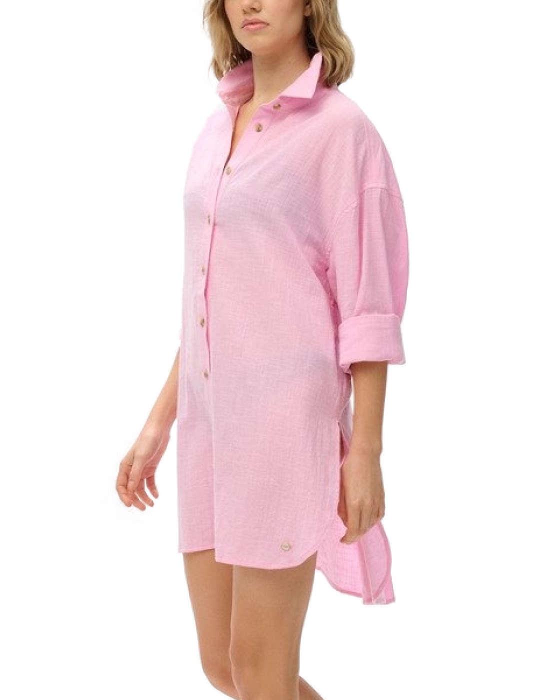Camisa Superdry lino larga Ibiza rosa oversize para mujer