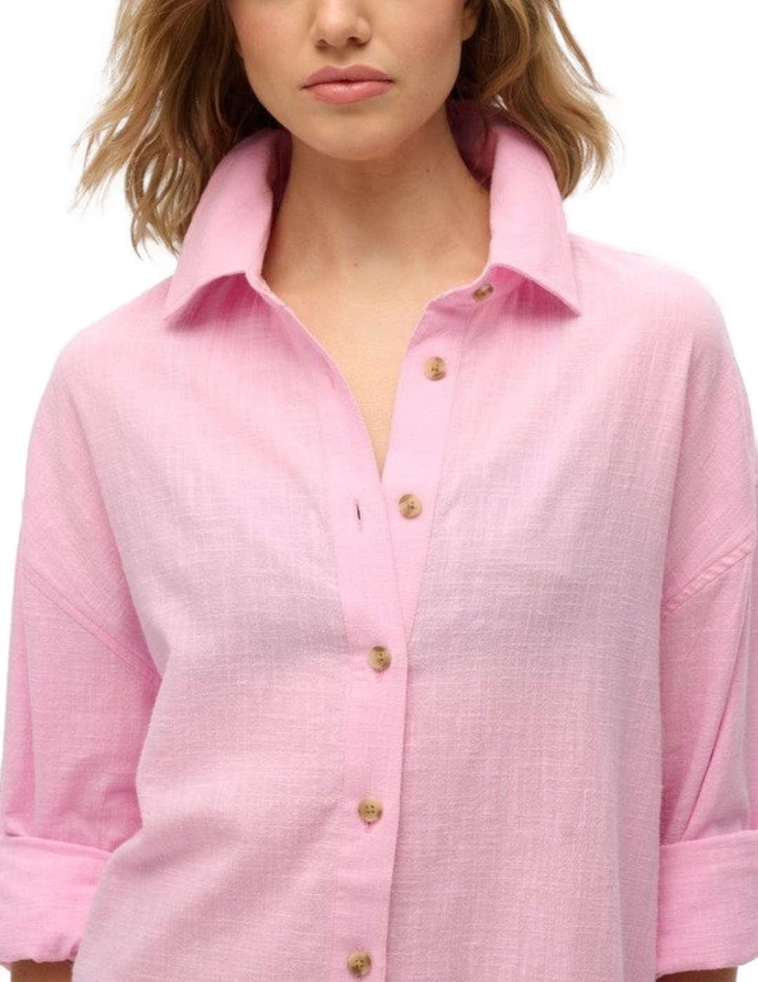 Camisa Superdry lino larga Ibiza rosa oversize para mujer