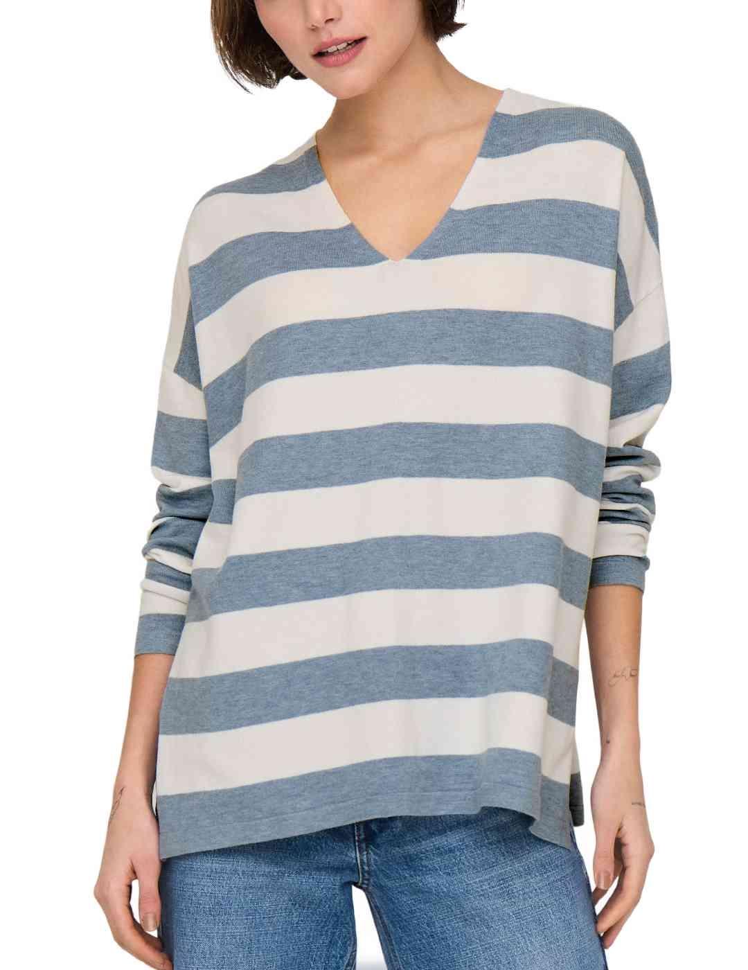 Jersey Only Malio azul y blanco de punto fino para mujer