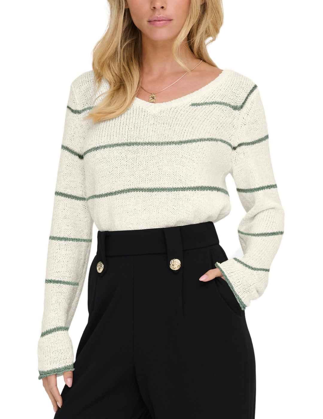Jersey Only Geena cuello pico blanco raya verde para mujer