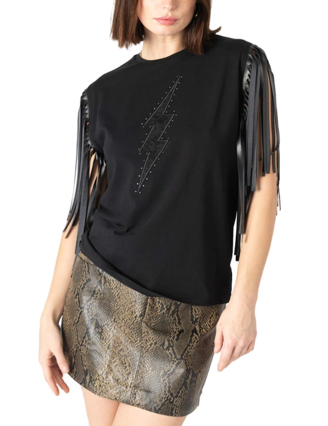 Camiseta Animosa Rayo encaje negra flecos para mujer