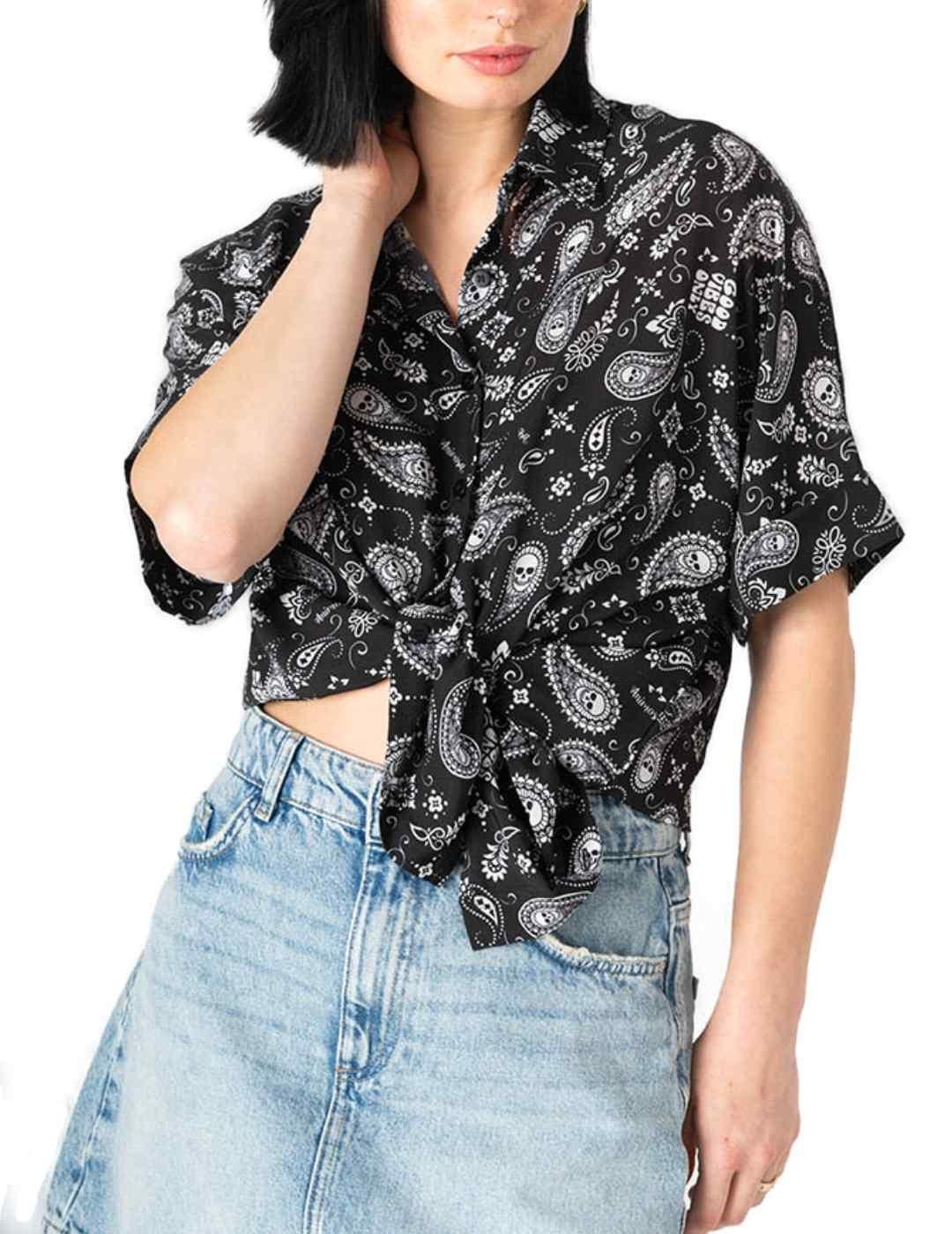 Camisa Animosa Calavera Cachemira negro manga corta de mujer