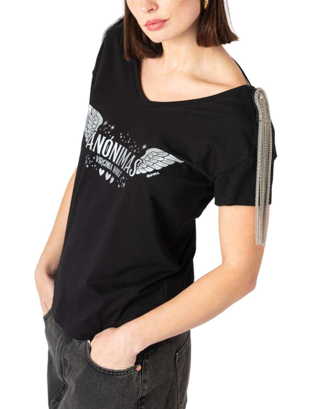 Camiseta Animosa Virginia Wolf negro cuello pico para mujer