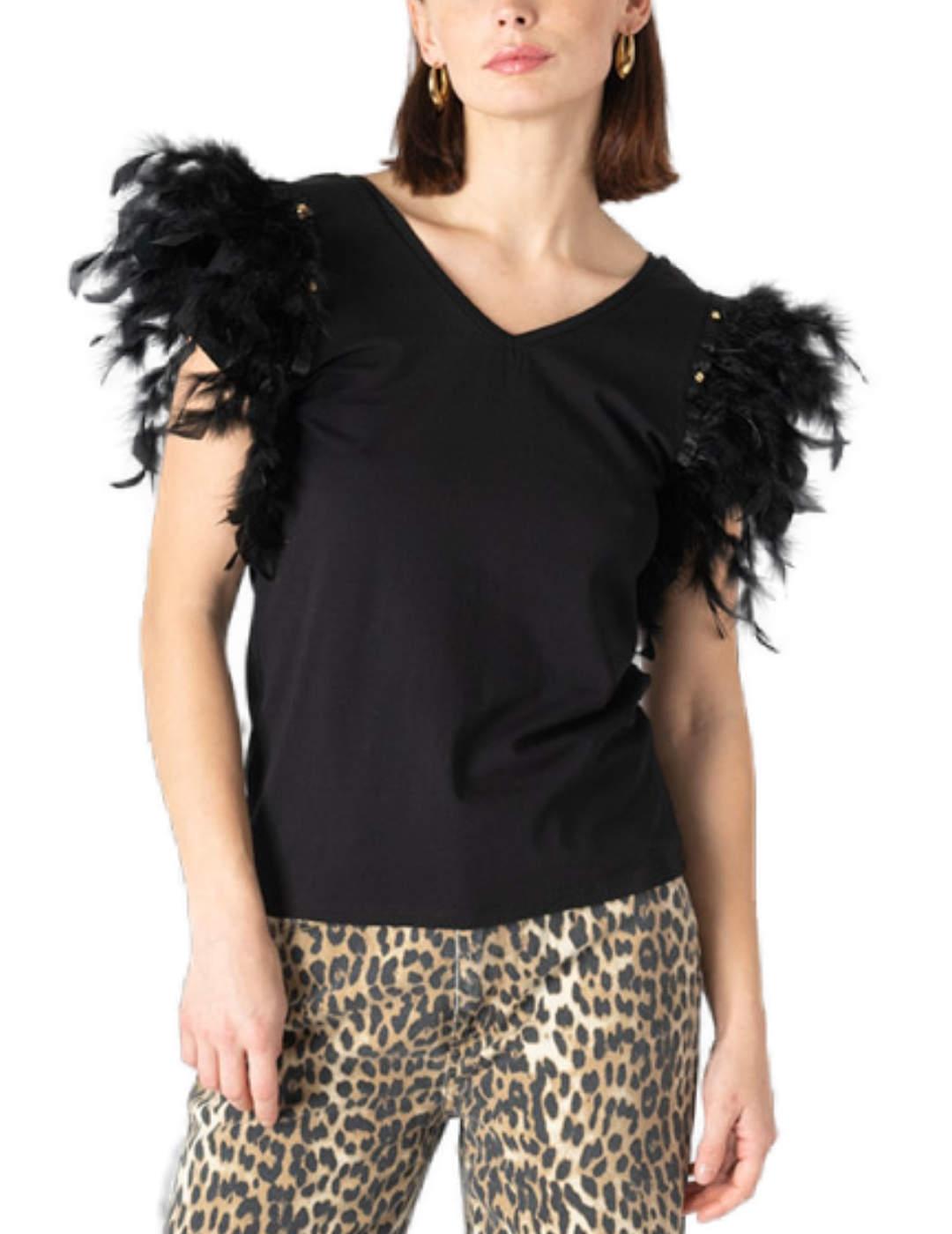 Camiseta Animosa Plumas estrella negra con plumas para mujer