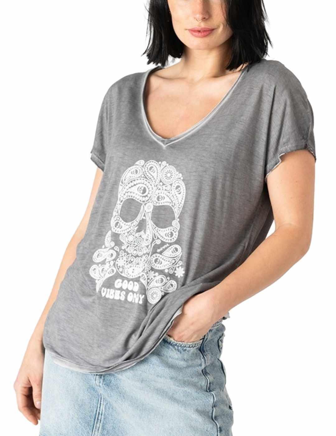 Camiseta Animosa Calavera Cashmere gris manga corta de mujer
