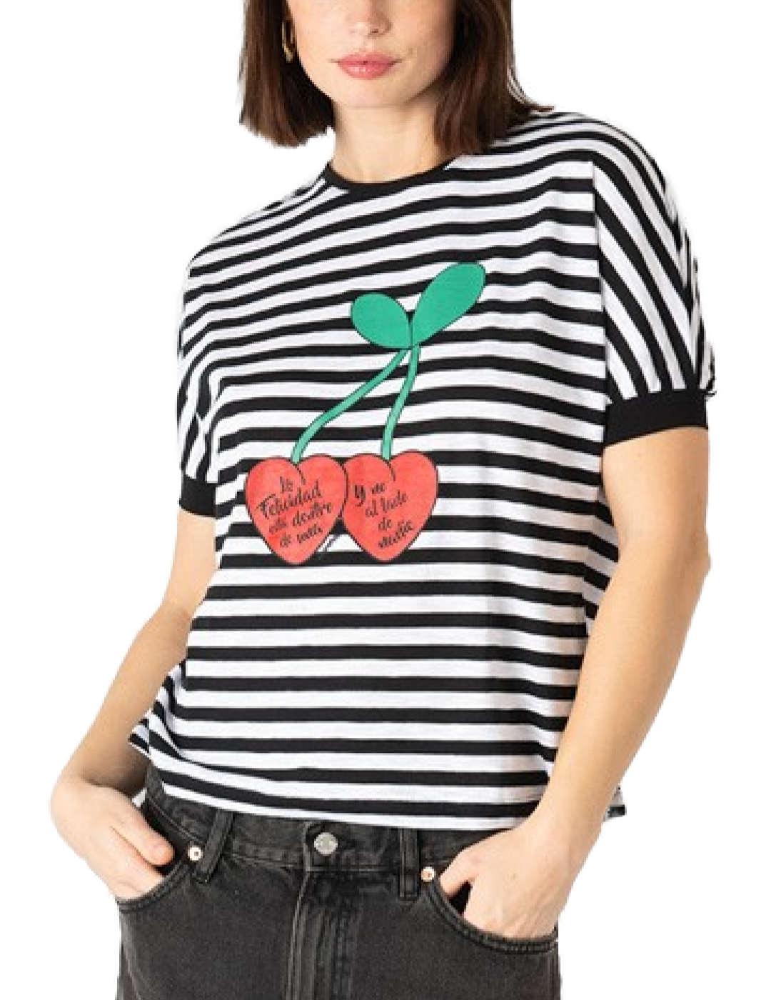 Camiseta Animosa Felicidad cerezas rayas manga corta mujer