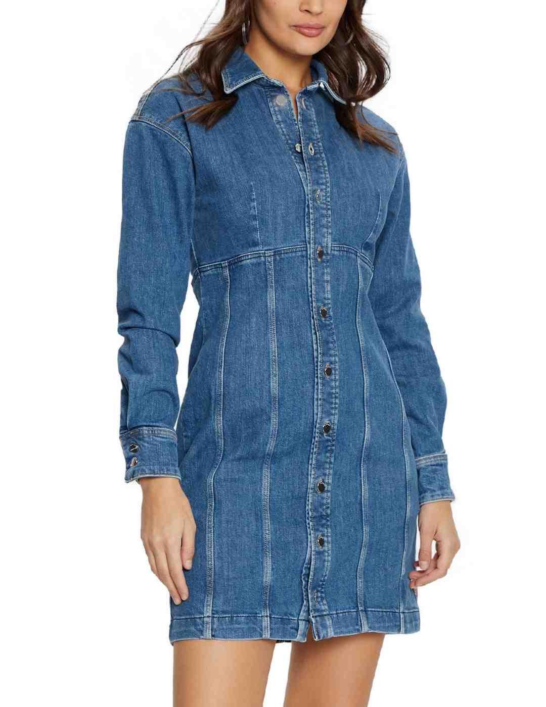 Vestido Guess Miria denim azul manga larga para mujer