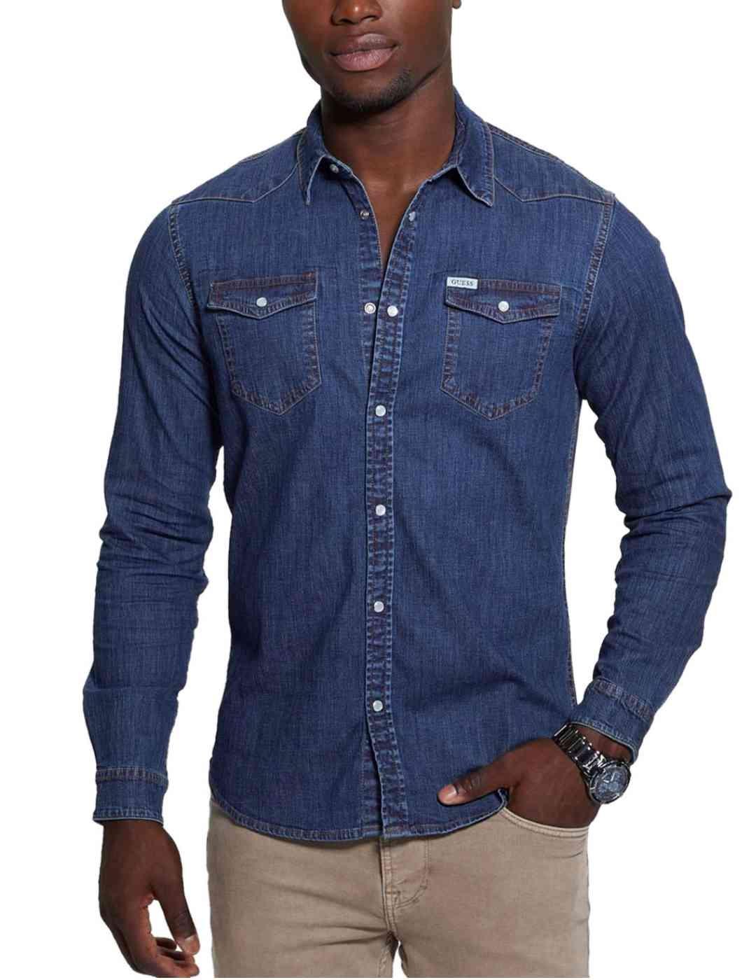 Camisa Guess Truckee vaquera azul marino slim para hombre