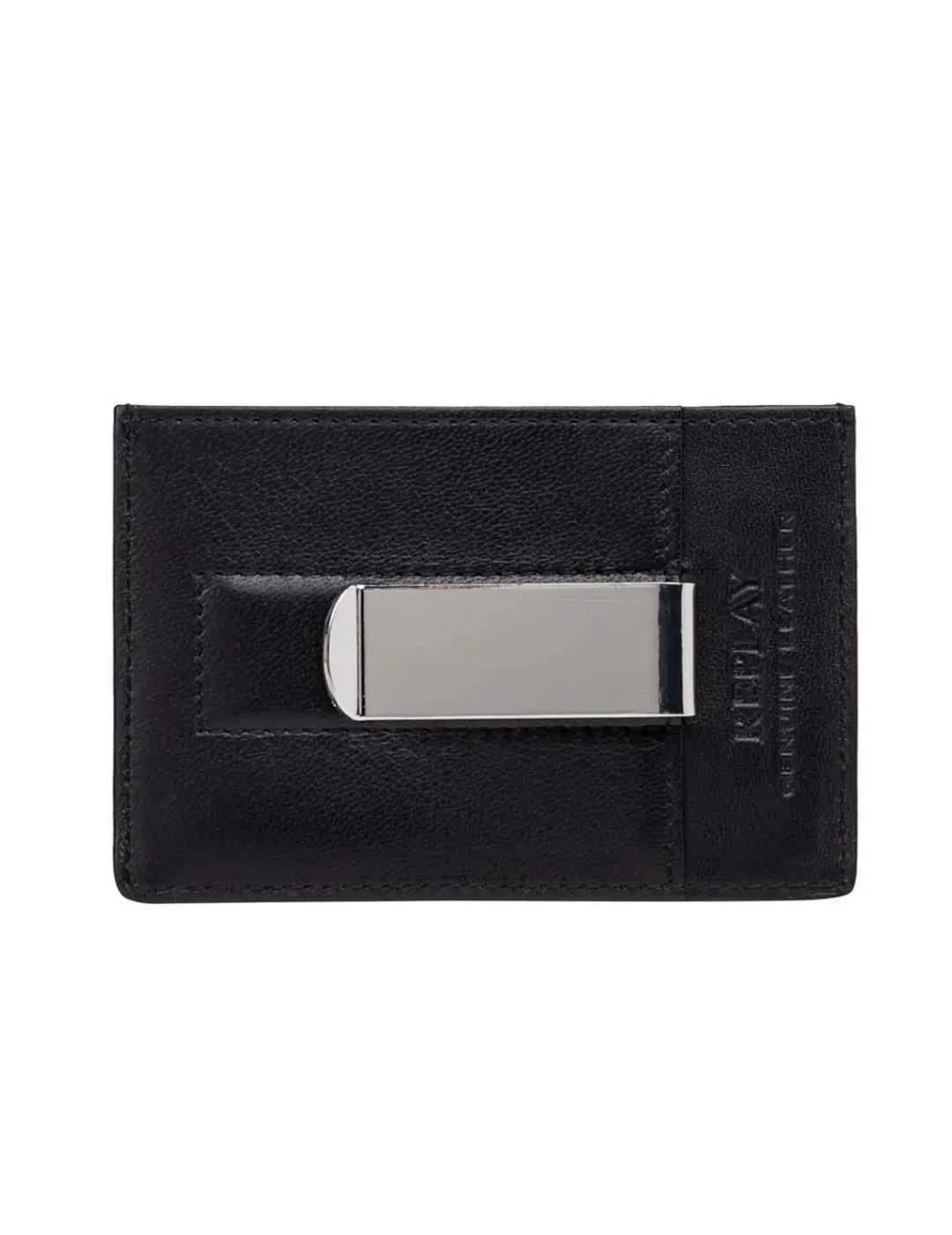 Tarjetero Replay negro de piel para hombre