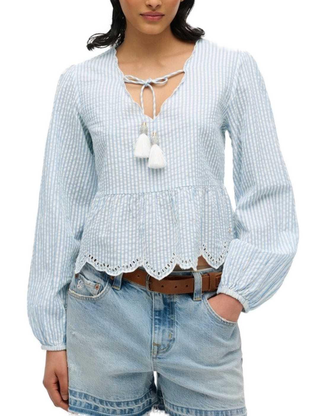 Blusa Superdry azul raya blanca manga abullonada para mujer