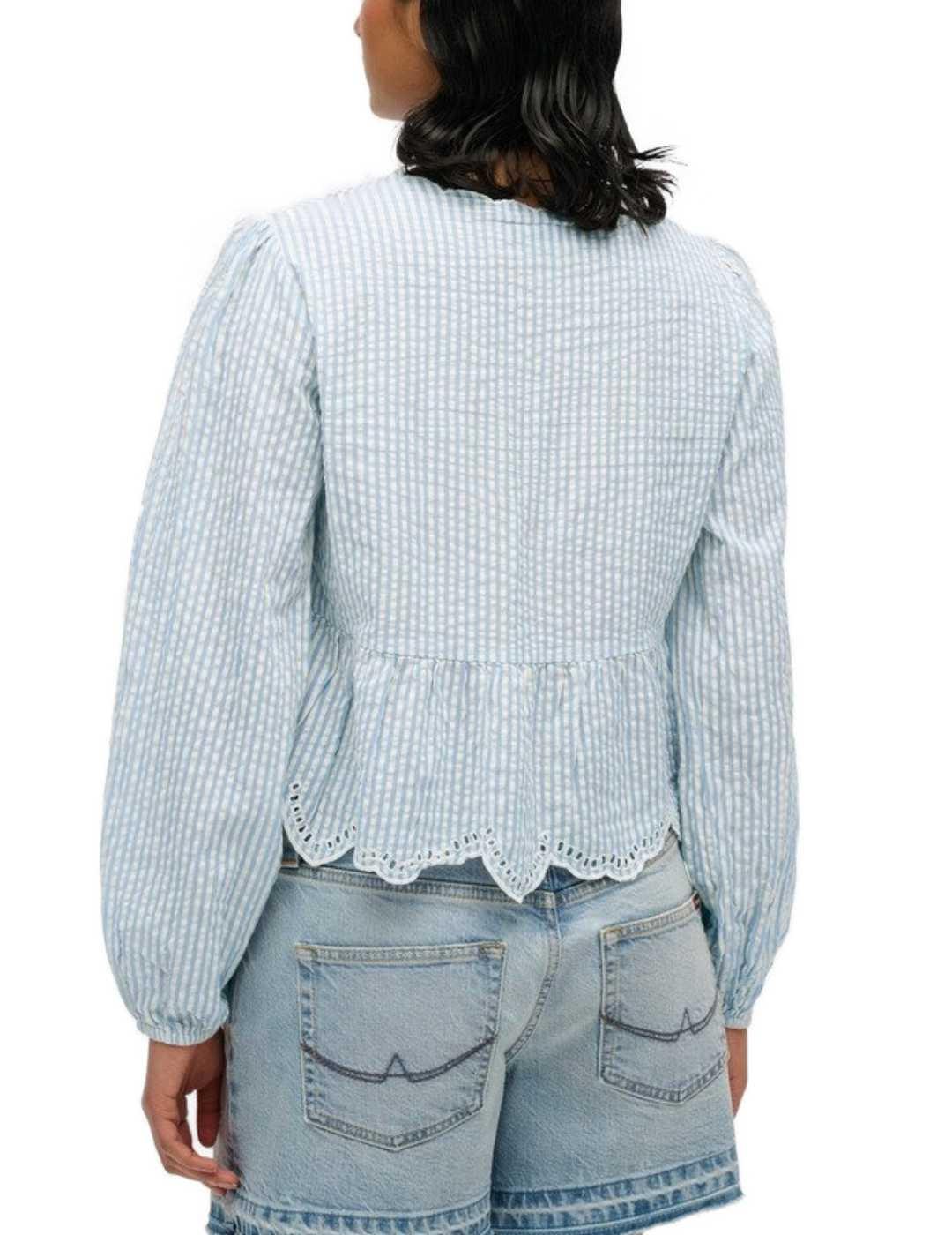 Blusa Superdry azul raya blanca manga abullonada para mujer