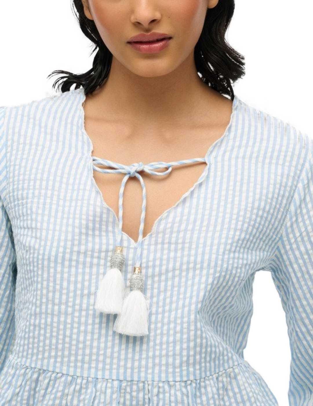 Blusa Superdry azul raya blanca manga abullonada para mujer